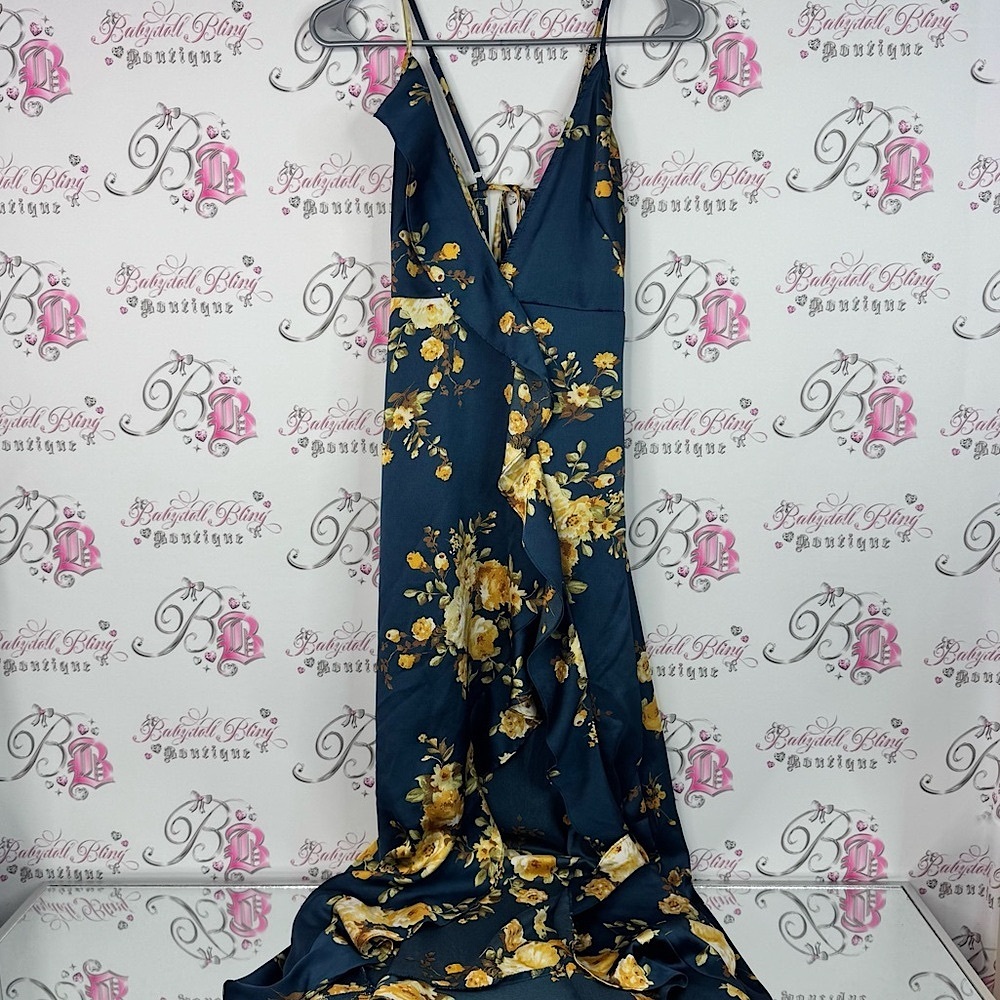 Dress Forum dress long maxi shiny blue Navy and Gold Floral Maxi Dress flowers